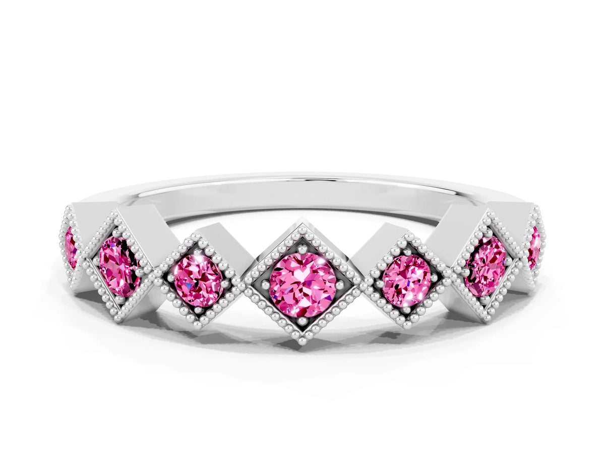 Round Pink Sapphire Square Bezel Chevron Band in Silver with Milgrain Detailing 