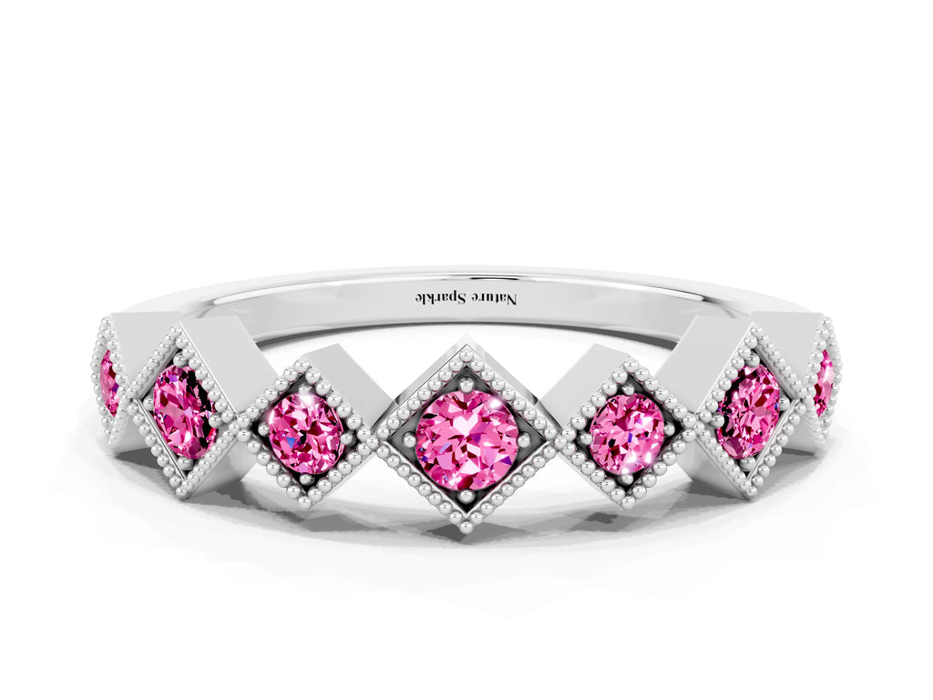 Round Pink Sapphire Square Bezel Chevron Band in Silver with Milgrain Detailing