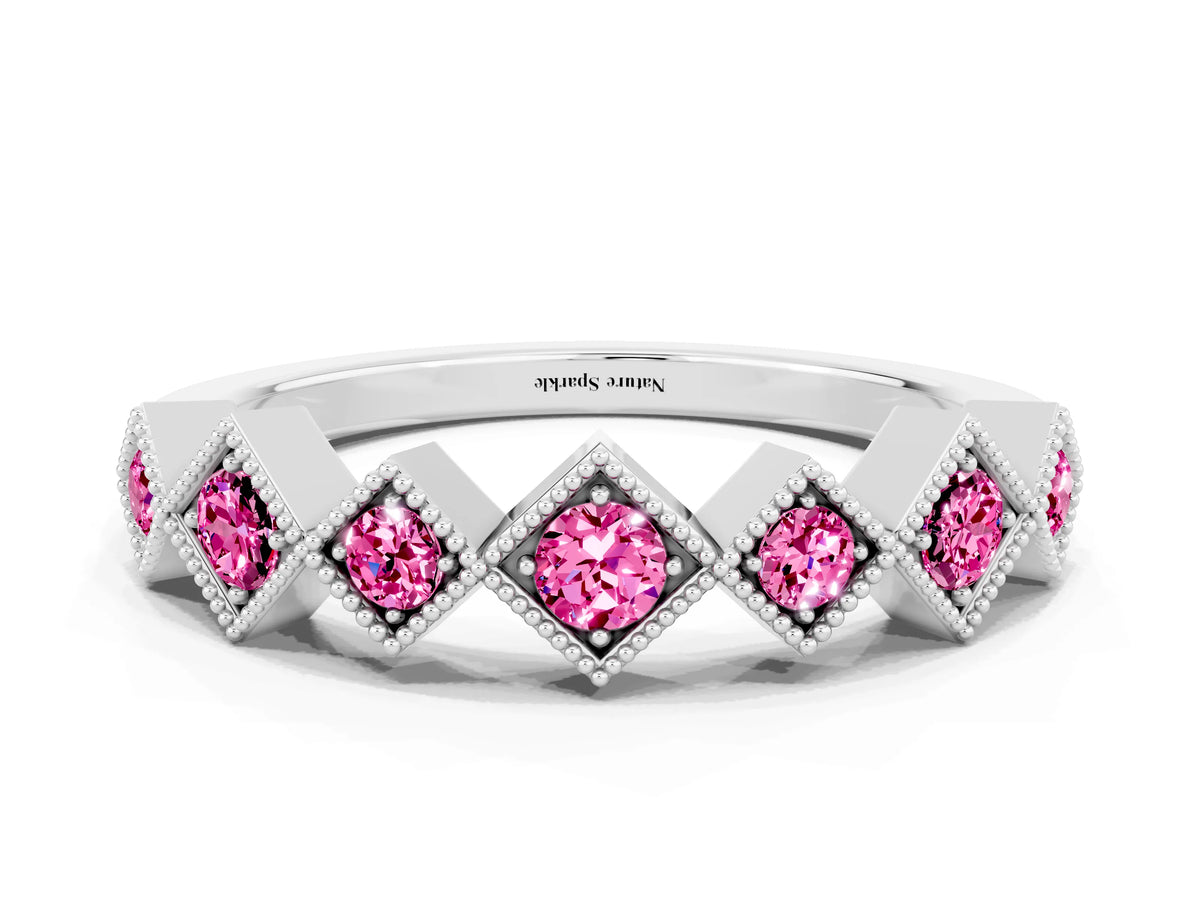 Round Pink Sapphire Square Bezel Chevron Band in Silver with Milgrain Detailing