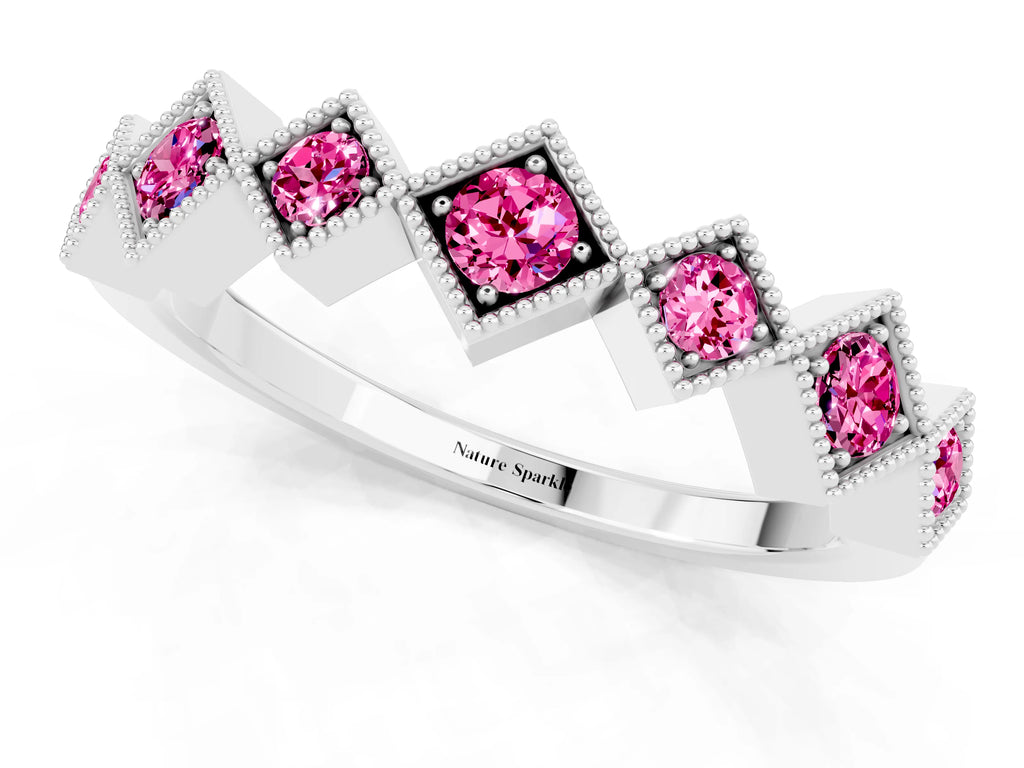 Round Pink Sapphire Square Bezel Chevron Band in Silver with Milgrain Detailing
