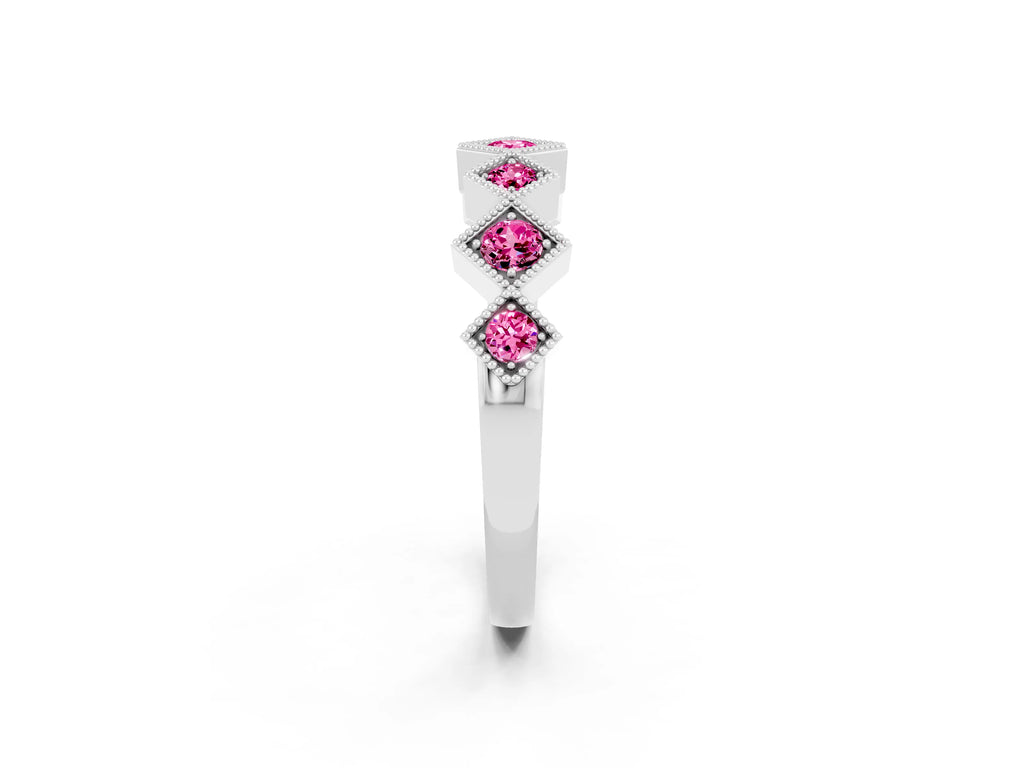 Round Pink Sapphire Square Bezel Chevron Band in Silver with Milgrain Detailing
