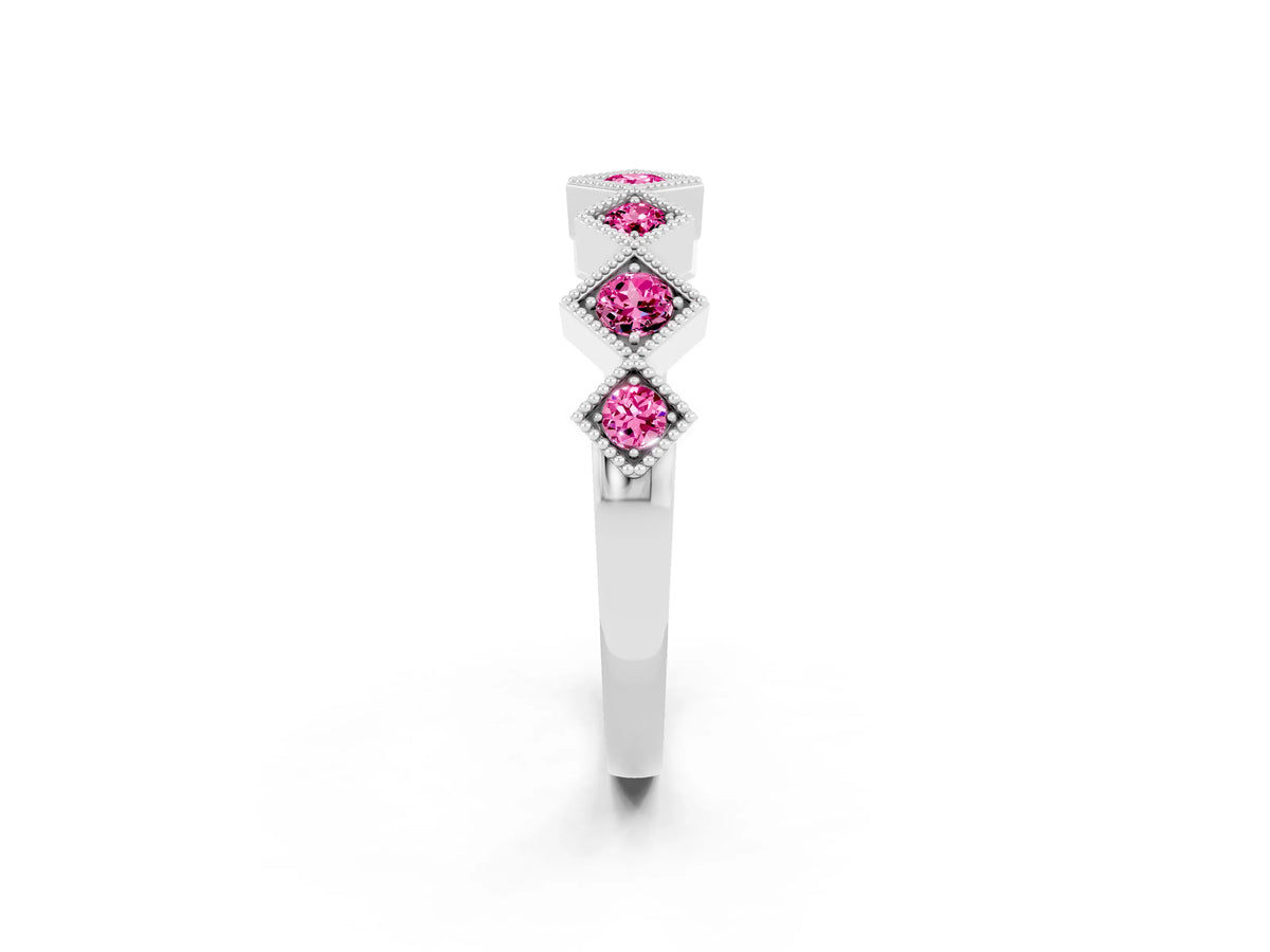 Round Pink Sapphire Square Bezel Chevron Band in Silver with Milgrain Detailing