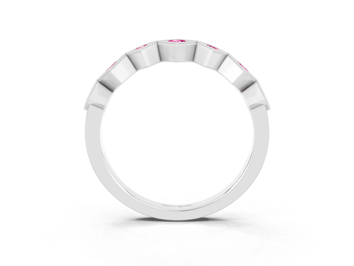 Round Pink Sapphire Square Bezel Chevron Band in Silver with Milgrain Detailing