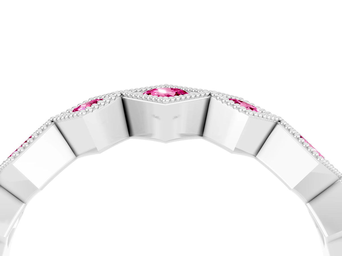 Round Pink Sapphire Square Bezel Chevron Band in Silver with Milgrain Detailing