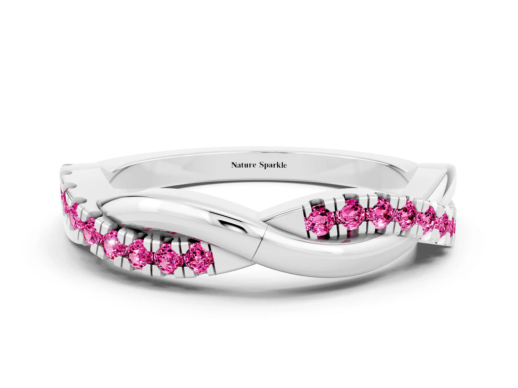 Round Pink Sapphire Twisted Infinity Band in Platinum with Prong Setting