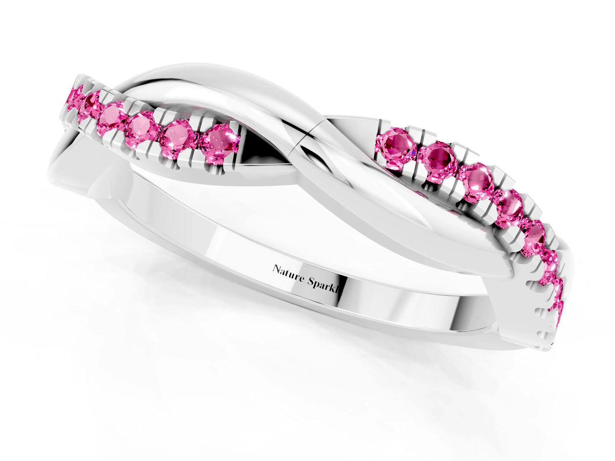 Round Pink Sapphire Twisted Infinity Band in Platinum with Prong Setting