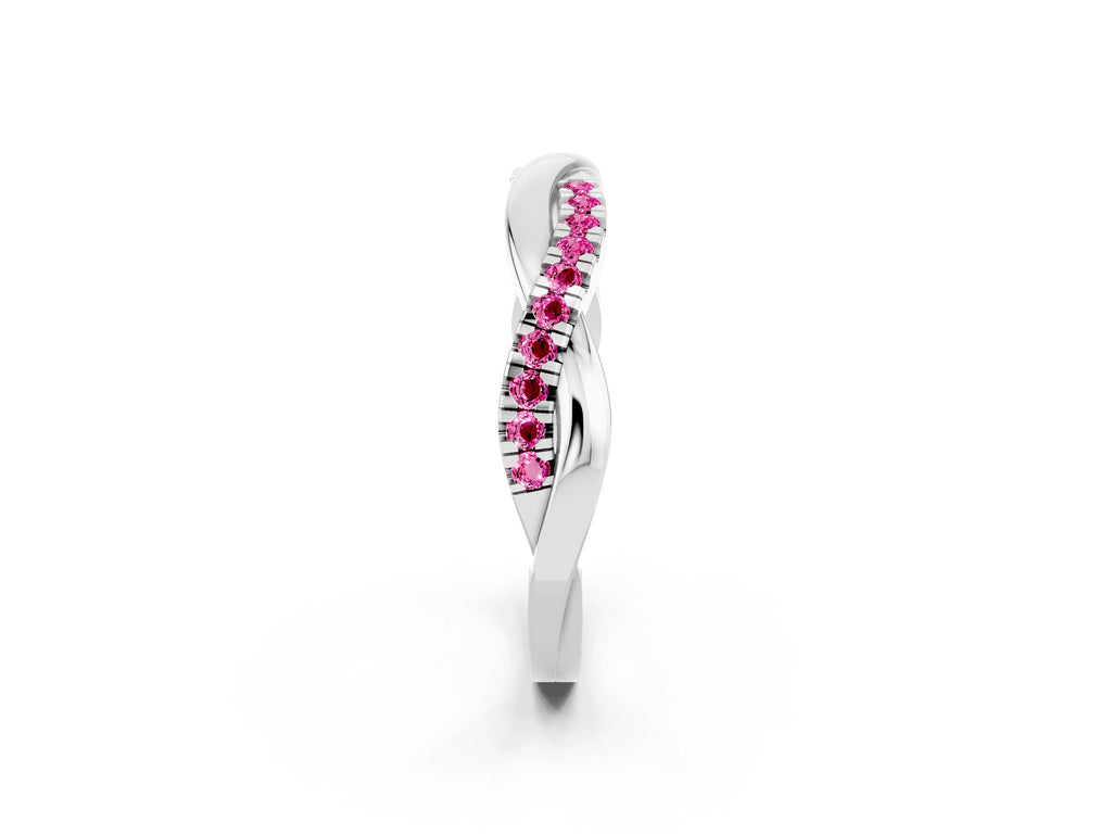 Round Pink Sapphire Twisted Infinity Band in Platinum with Prong Setting