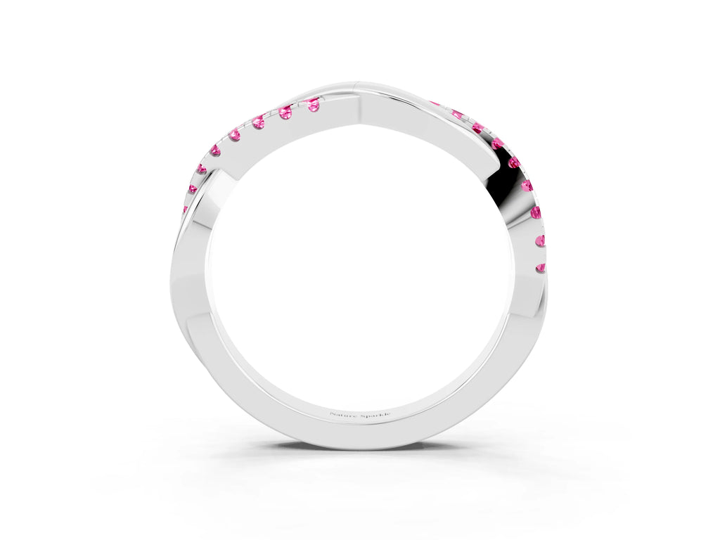 Round Pink Sapphire Twisted Infinity Band in Platinum with Prong Setting