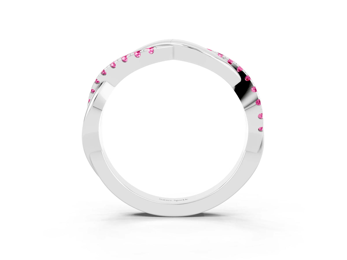 Round Pink Sapphire Twisted Infinity Band in Platinum with Prong Setting