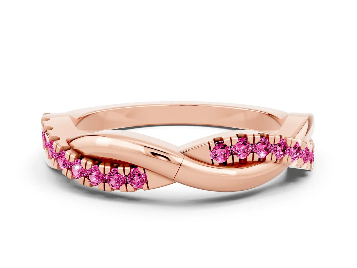 Round Pink Sapphire Twisted Infinity Band in Rose gold with Prong Setting 