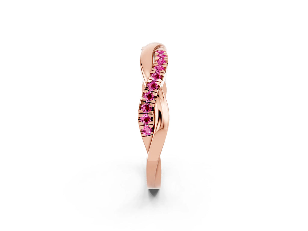 Round Pink Sapphire Twisted Infinity Band in Rose gold with Prong Setting