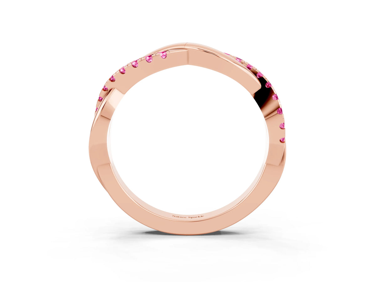 Round Pink Sapphire Twisted Infinity Band in Rose gold with Prong Setting