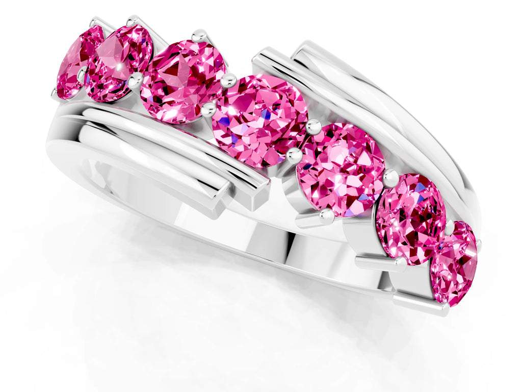 Round Pink Sapphire Wave Band in Silver with Channel and Shared Prong Setting