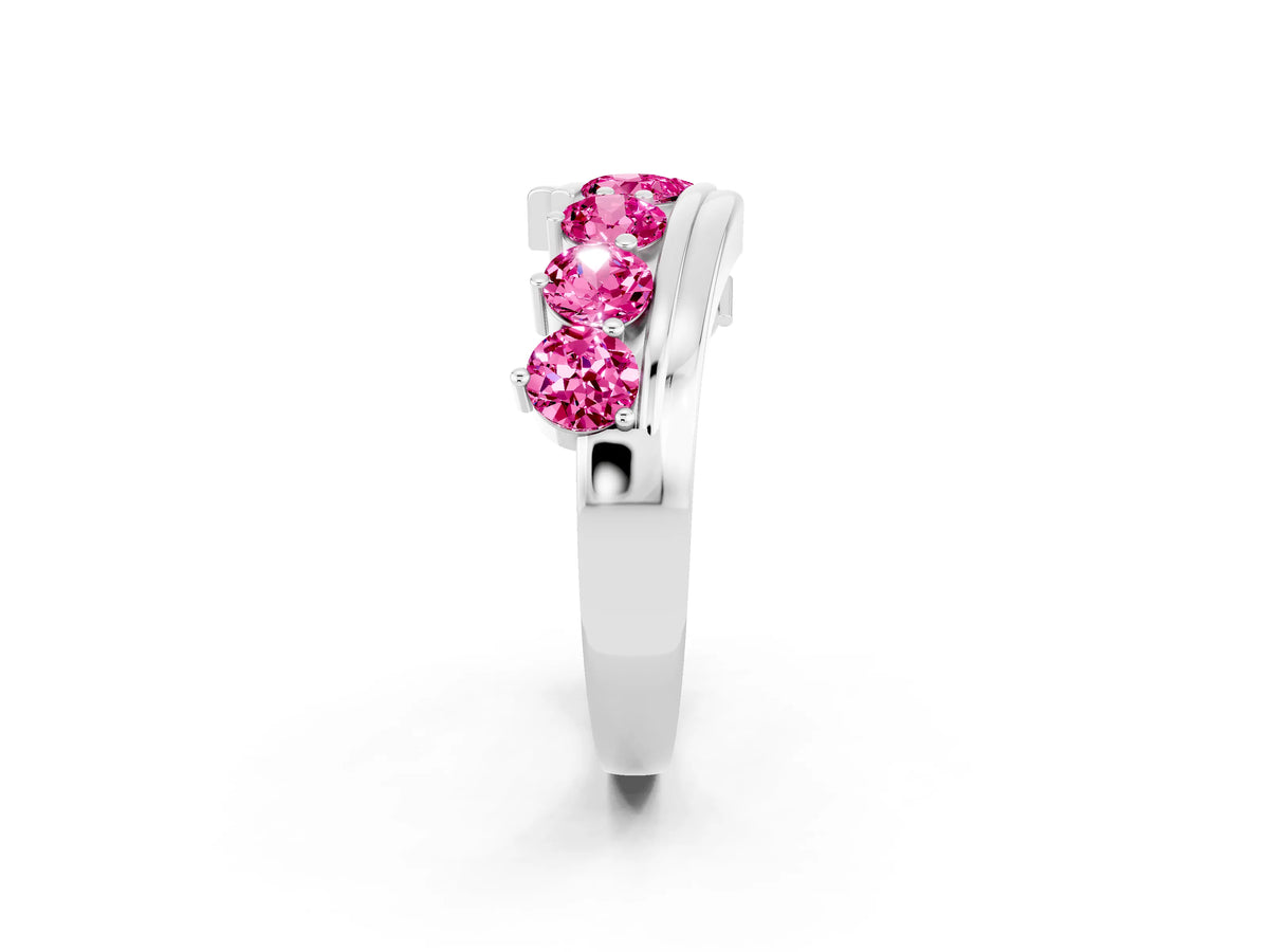 Round Pink Sapphire Wave Band in Silver with Channel and Shared Prong Setting