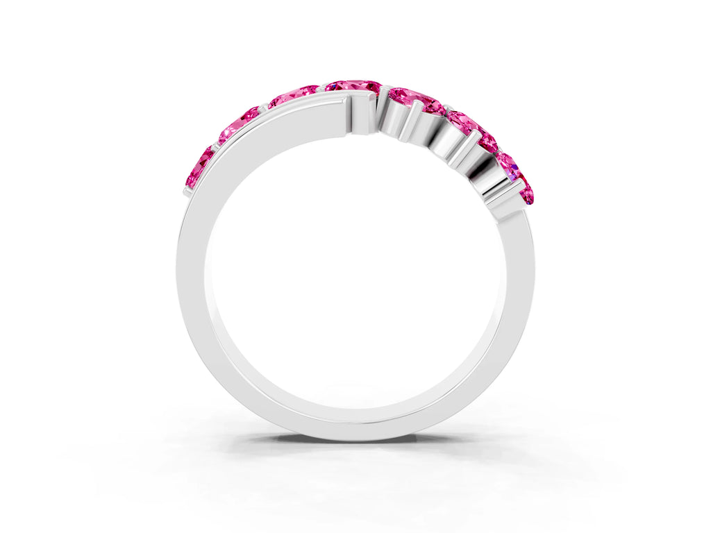 Round Pink Sapphire Wave Band in Silver with Channel and Shared Prong Setting