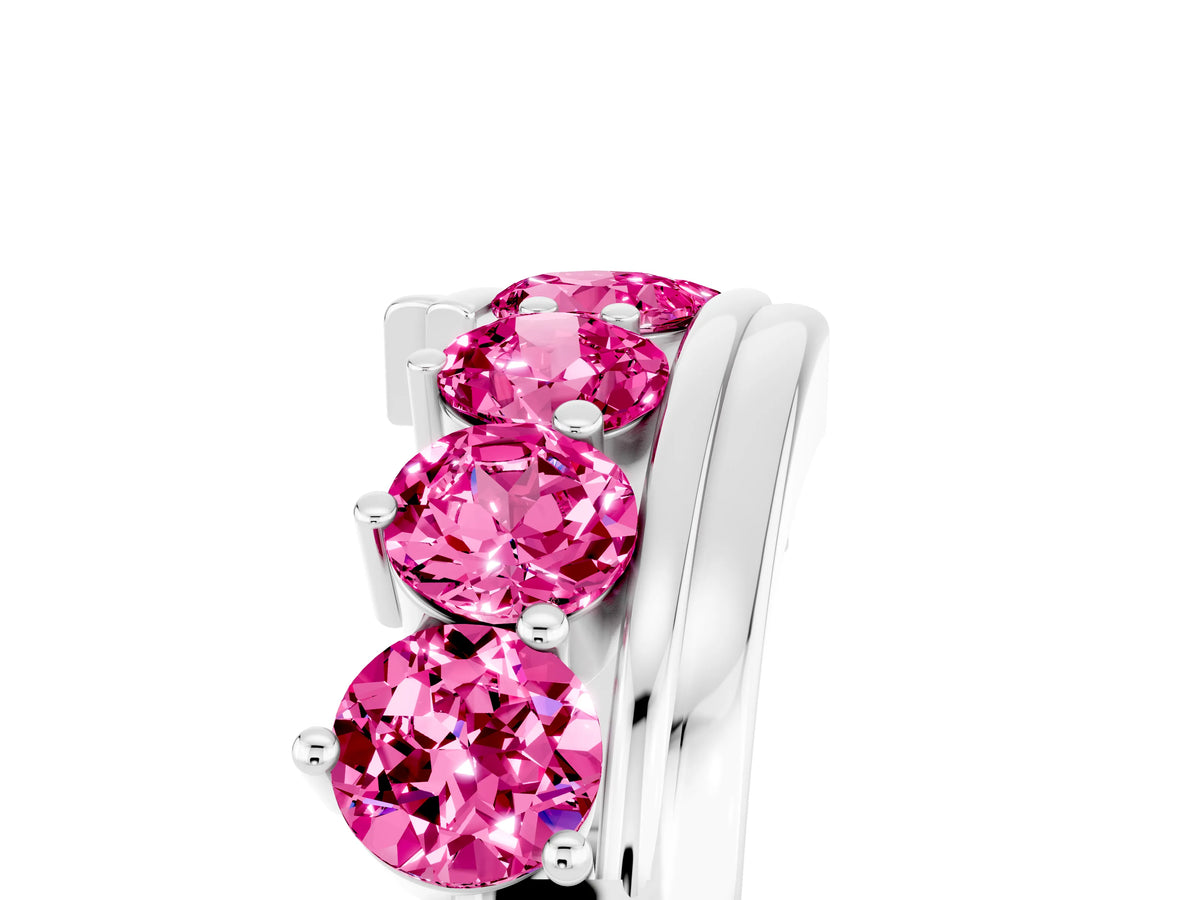 Round Pink Sapphire Wave Band in Silver with Channel and Shared Prong Setting