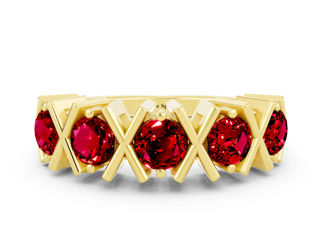 Round Ruby Channel Set Band in Yellow gold with X-Prong Detail