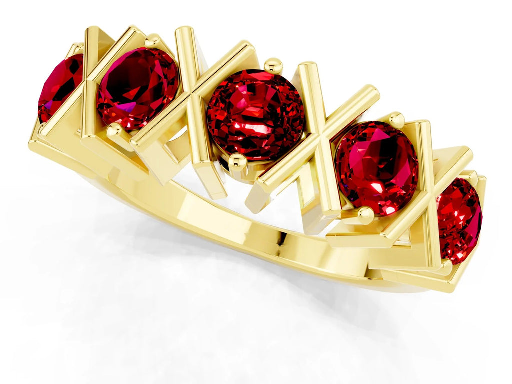 Round Ruby Channel Set Band in Yellow gold with X-Prong Detail 