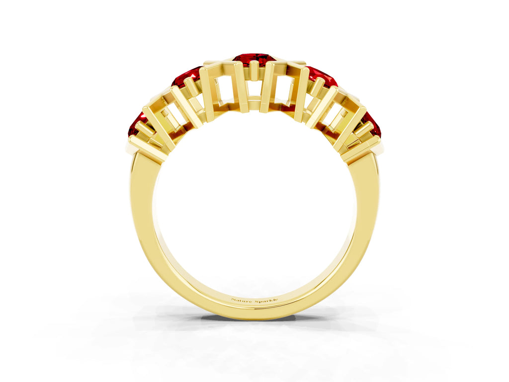 Round Ruby Channel Set Band in Yellow gold with X-Prong Detail