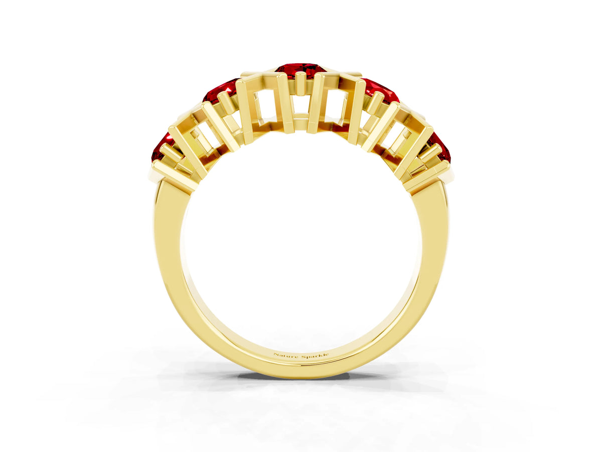 Round Ruby Channel Set Band in Yellow gold with X-Prong Detail