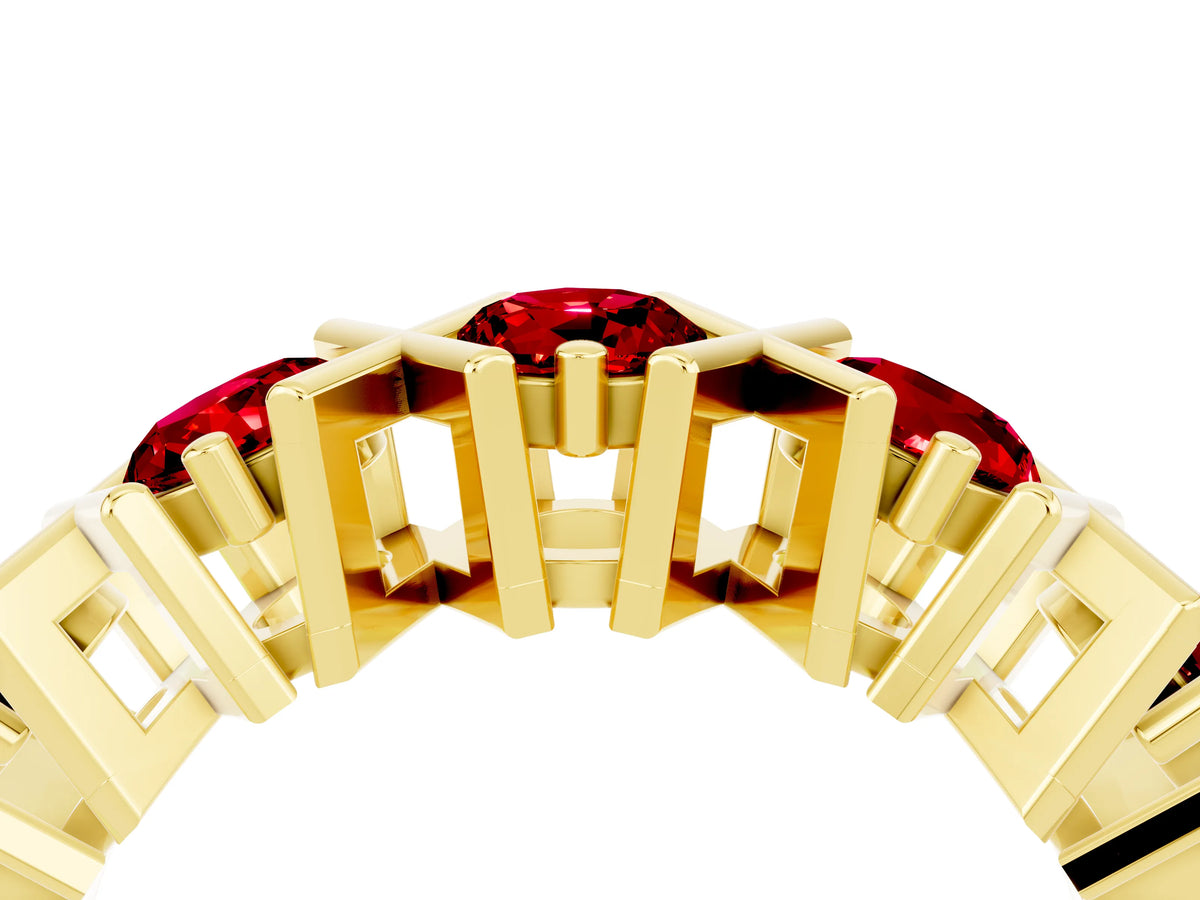Round Ruby Channel Set Band in Yellow gold with X-Prong Detail