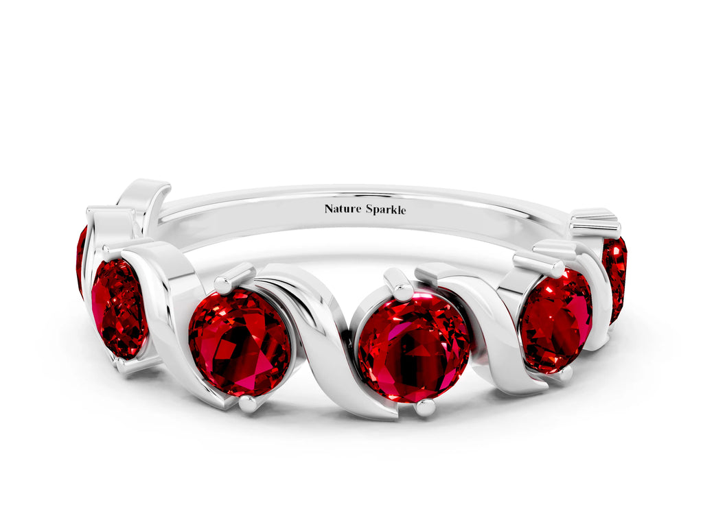 Round Ruby Half Eternity Band in Platinum with Wave Prong Setting