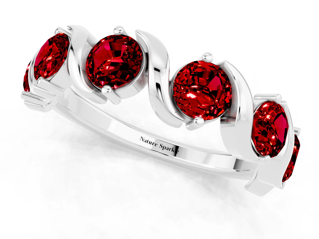 Round Ruby Half Eternity Band in Platinum with Wave Prong Setting