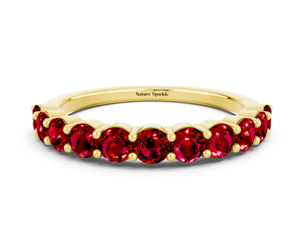 Round Ruby Half Eternity Band in Yellow gold with Classic Prong Setting
