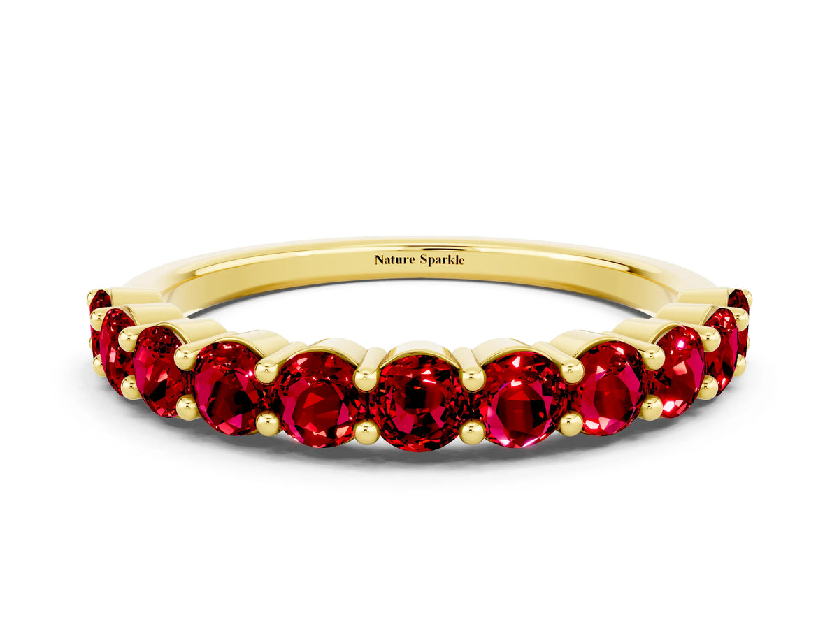 Round Ruby Half Eternity Band in Yellow gold with Classic Prong Setting