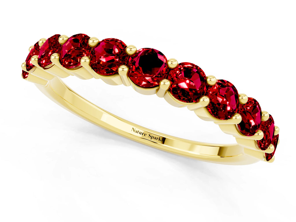 Round Ruby Half Eternity Band in Yellow gold with Classic Prong Setting