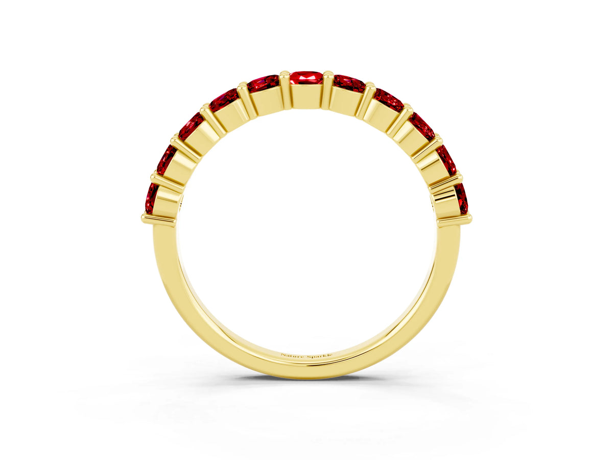 Round Ruby Half Eternity Band in Yellow gold with Classic Prong Setting