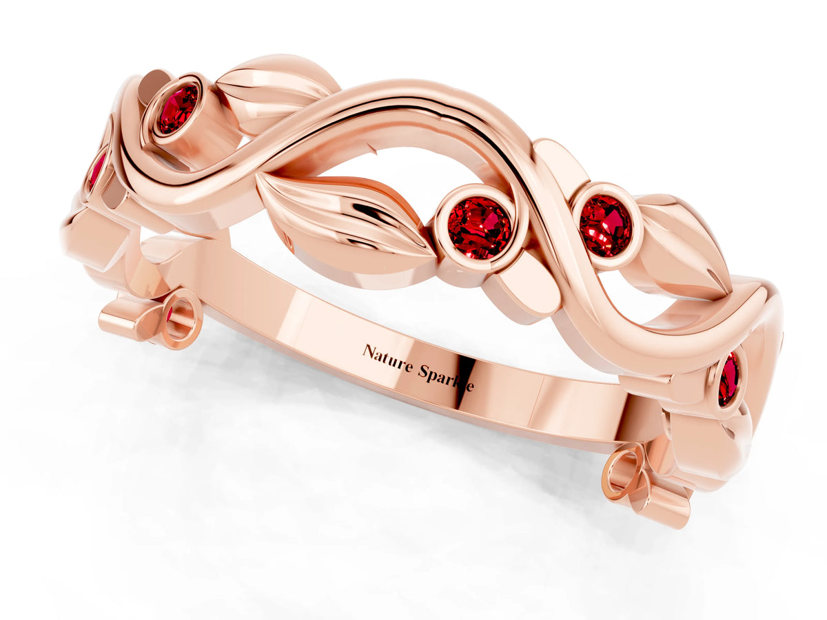 Round Ruby Leaf Motif Eternity Band in Rose gold with Bezel Setting