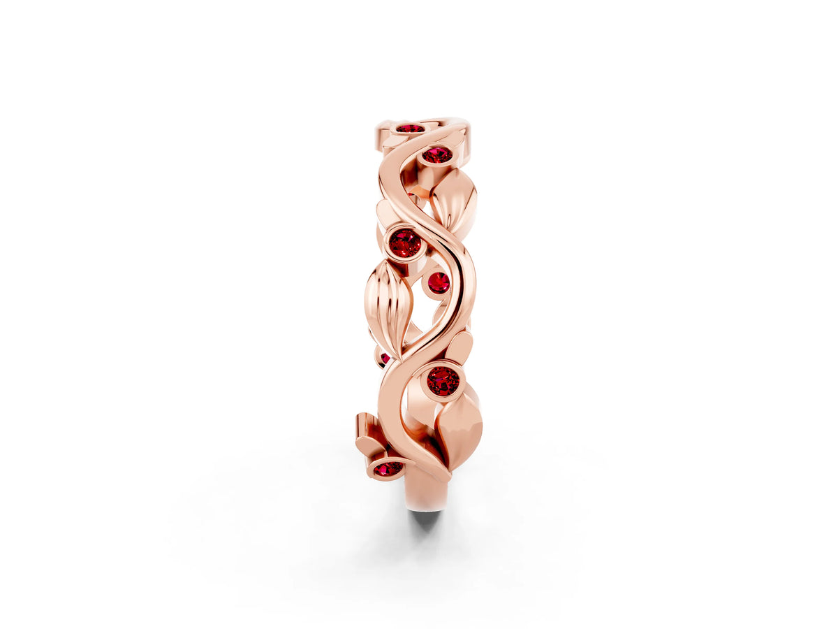 Round Ruby Leaf Motif Eternity Band in Rose gold with Bezel Setting
