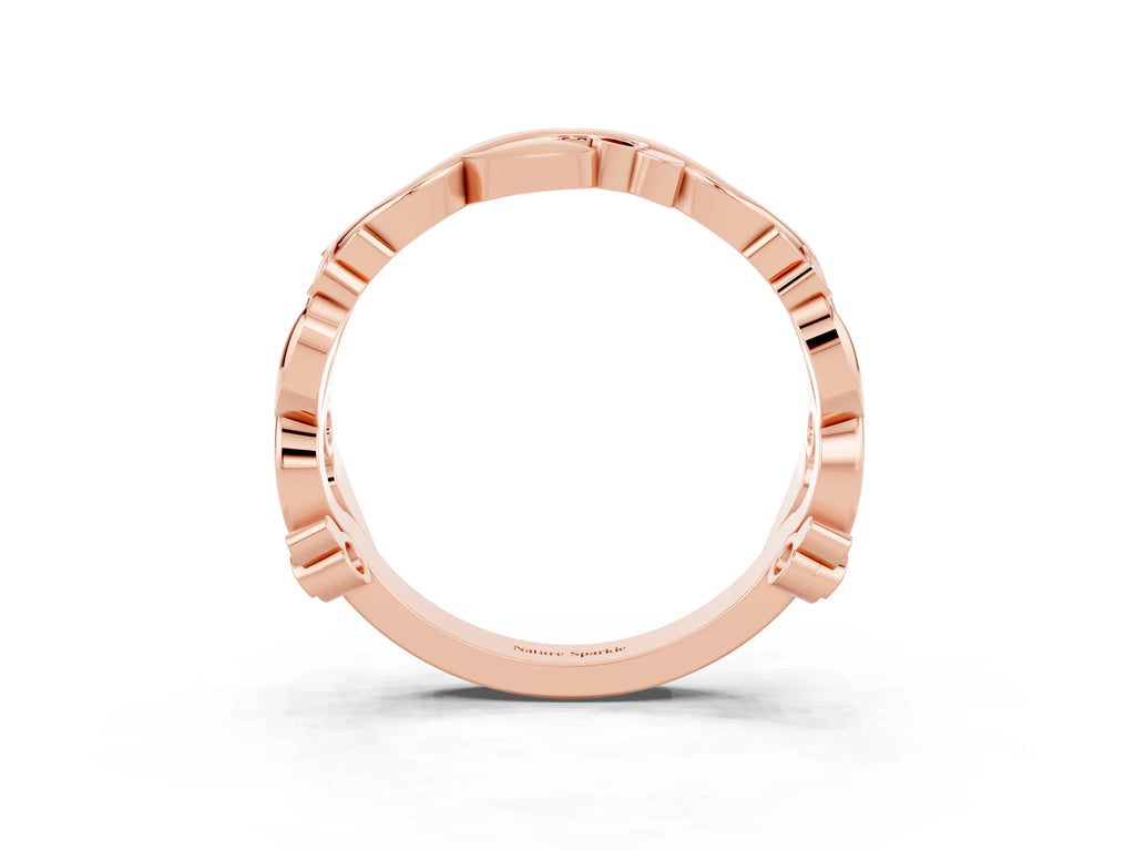 Round Ruby Leaf Motif Eternity Band in Rose gold with Bezel Setting