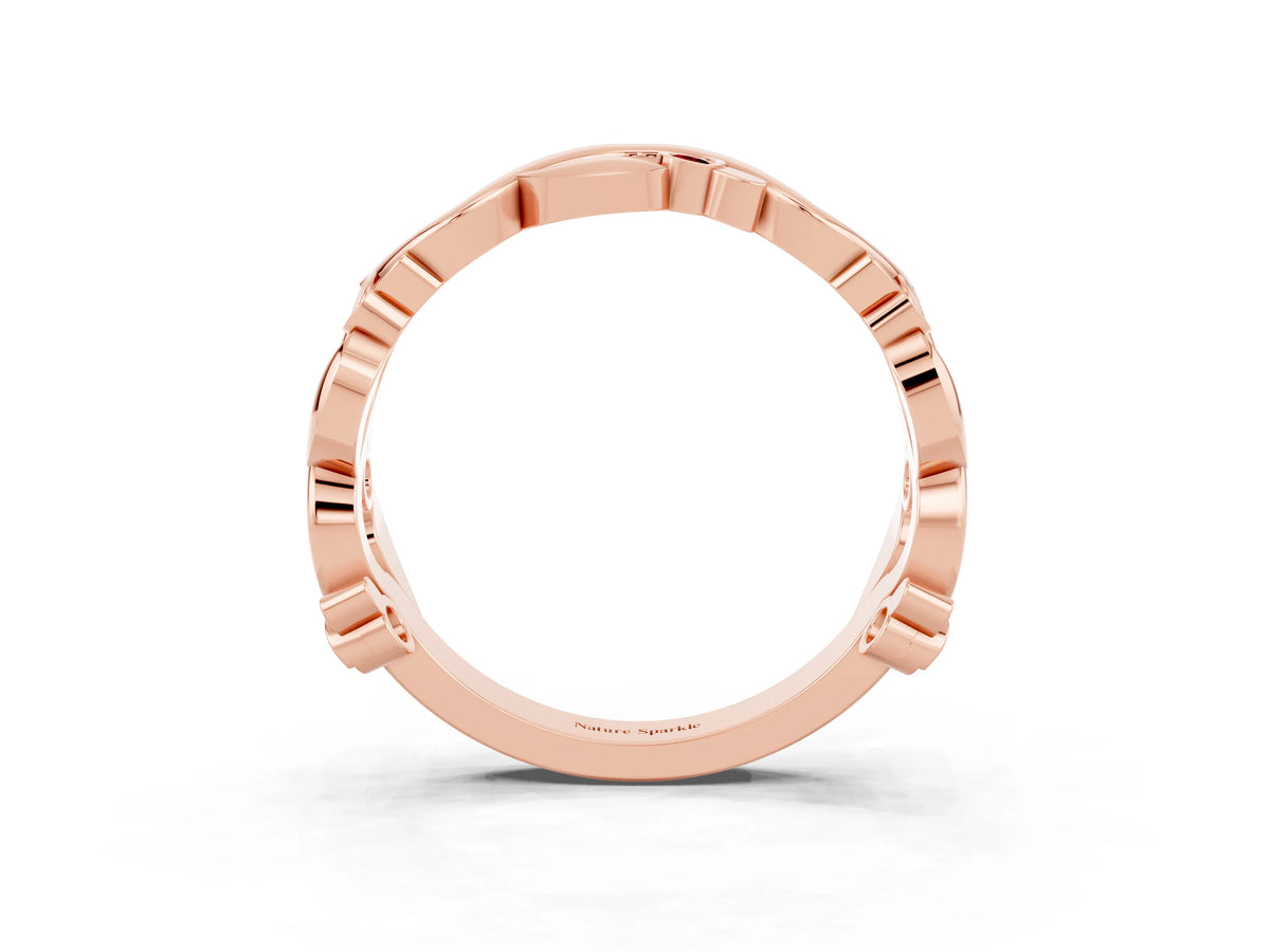Round Ruby Leaf Motif Eternity Band in Rose gold with Bezel Setting
