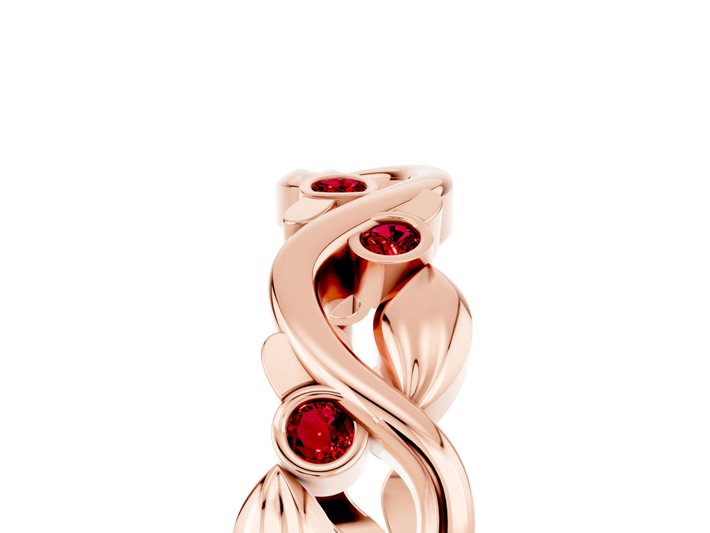 Round Ruby Leaf Motif Eternity Band in Rose gold with Bezel Setting