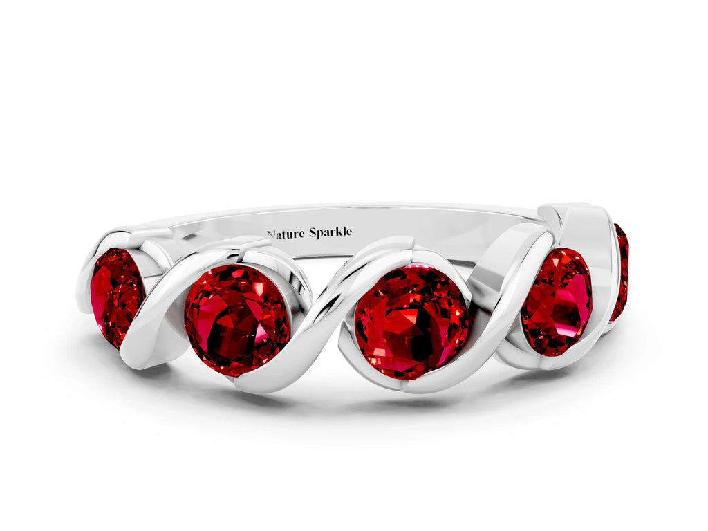 Round Ruby Wave Band in Silver with Channel Setting and Shared Prongs