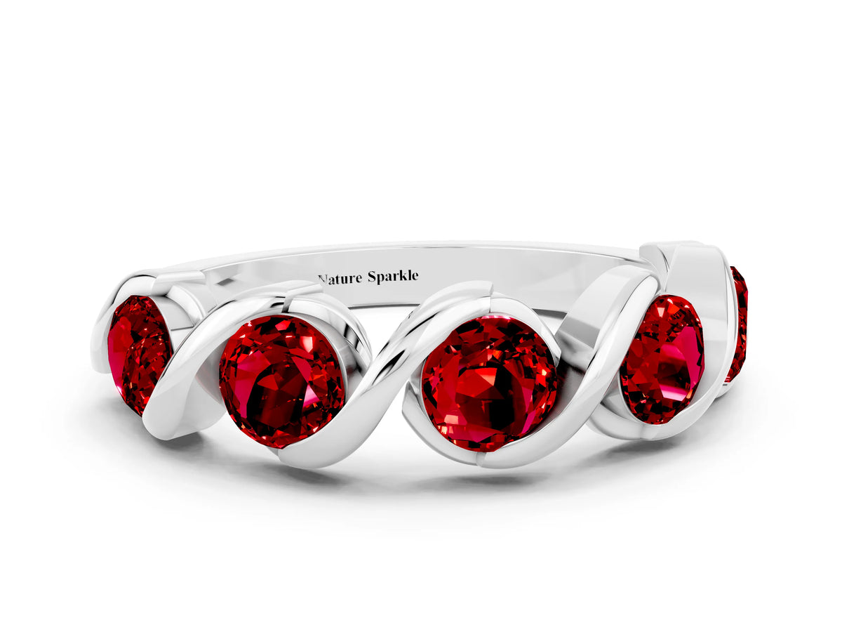 Round Ruby Wave Band in Silver with Channel Setting and Shared Prongs