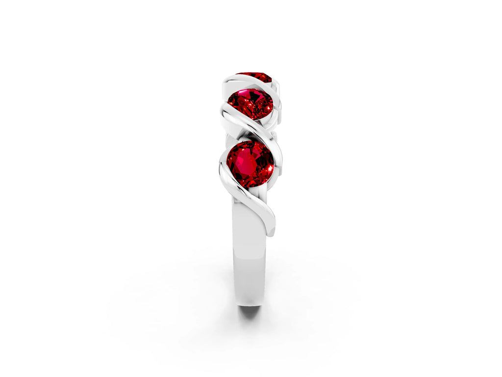 Round Ruby Wave Band in Silver with Channel Setting and Shared Prongs
