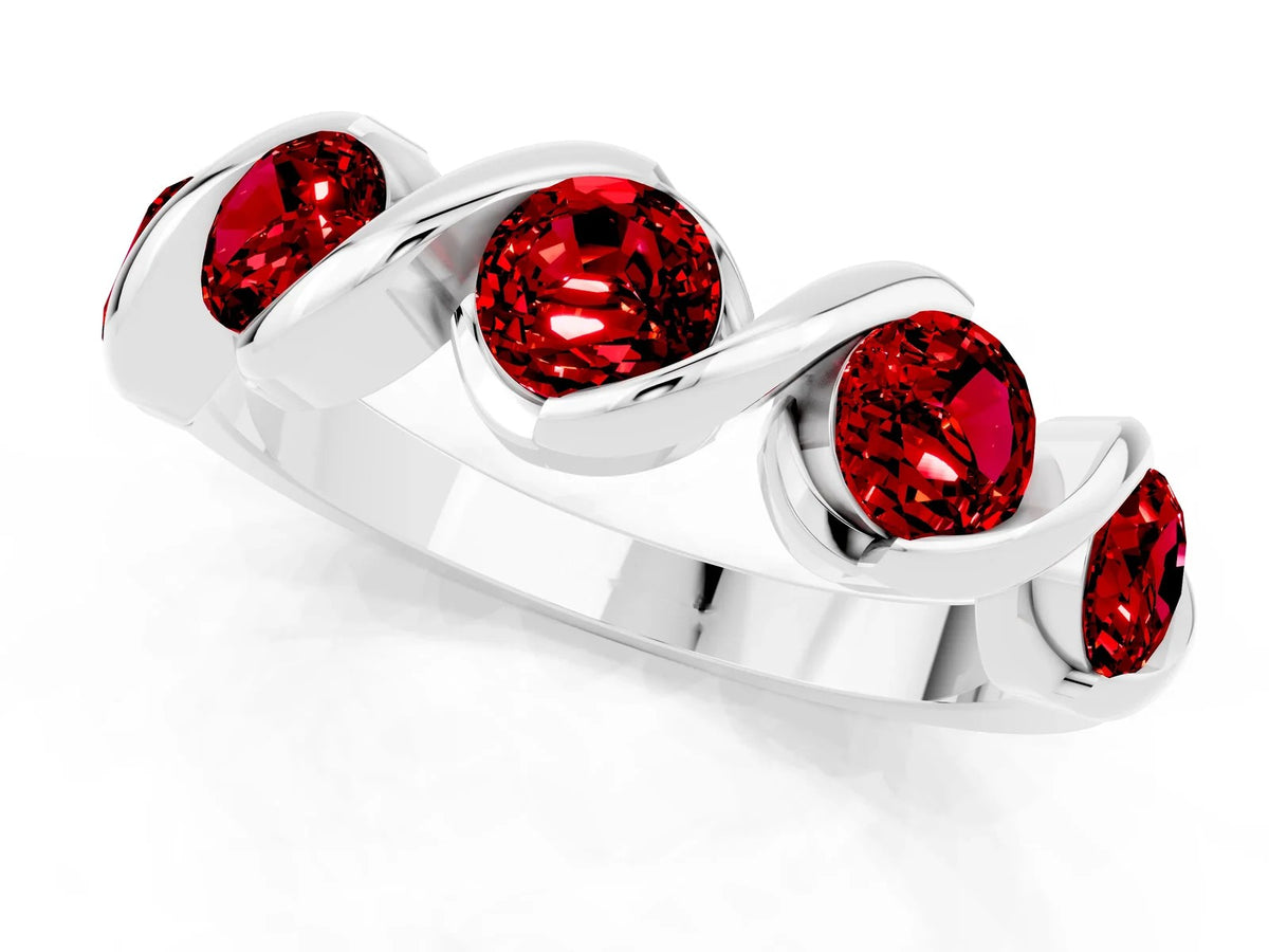 Round Ruby Wave Band in White gold with Channel Setting and Shared Prongs 