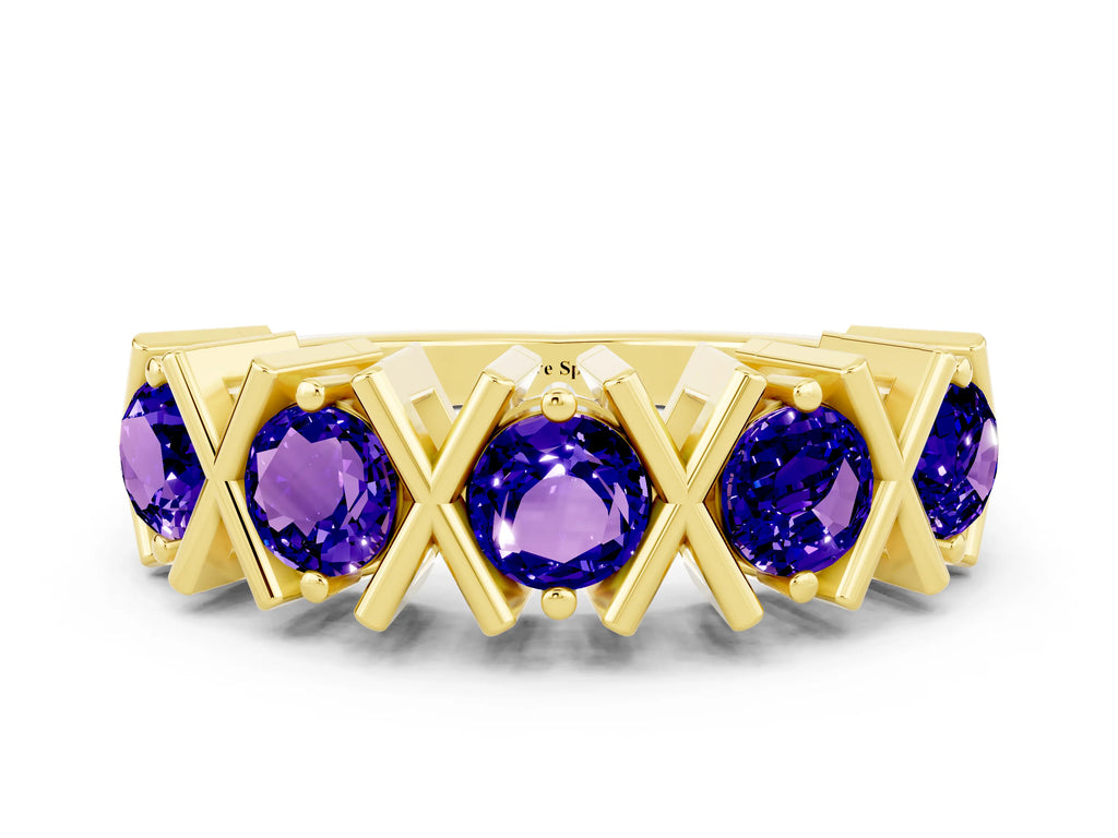 Round Tanzanite Channel Set Band in Yellow gold with X-Prong Detail