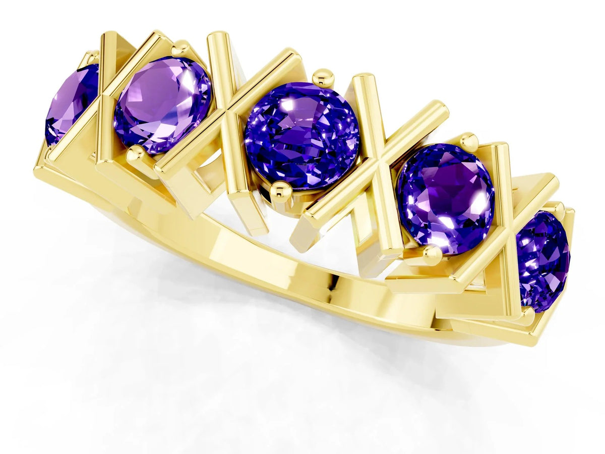 Round Tanzanite Channel Set Band in Yellow gold with X-Prong Detail 