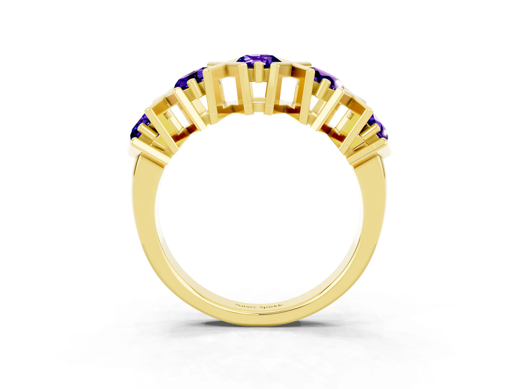 Round Tanzanite Channel Set Band in Yellow gold with X-Prong Detail