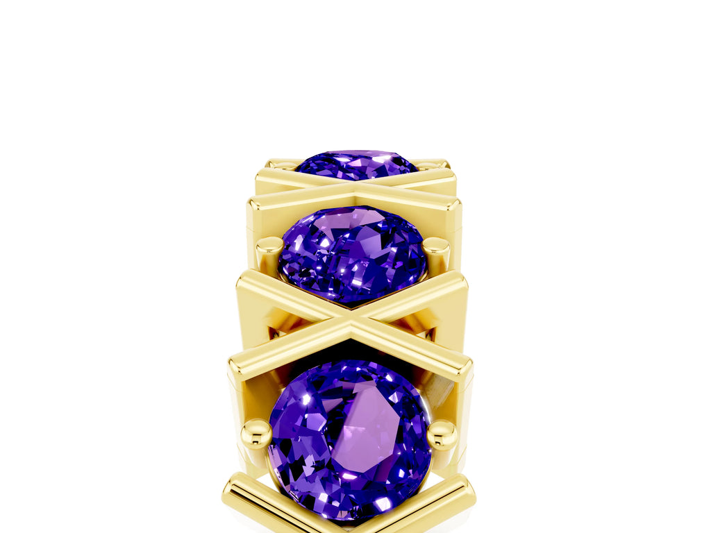 Round Tanzanite Channel Set Band in Yellow gold with X-Prong Detail