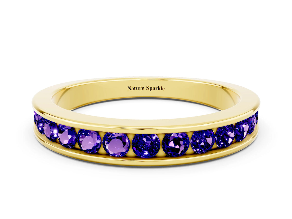 Round Tanzanite Eternity Band in Yellow gold with Smooth Channel Setting