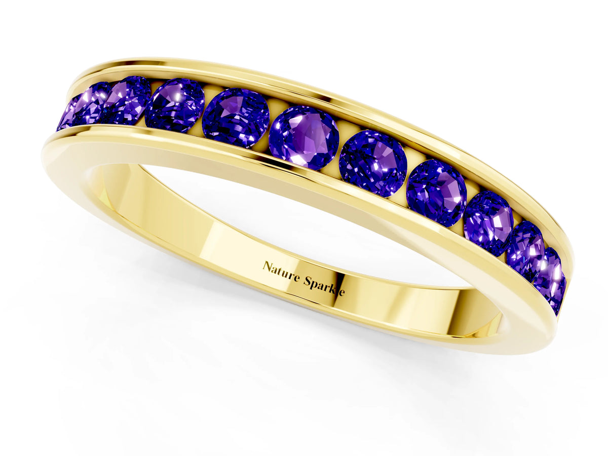 Round Tanzanite Eternity Band in Yellow gold with Smooth Channel Setting