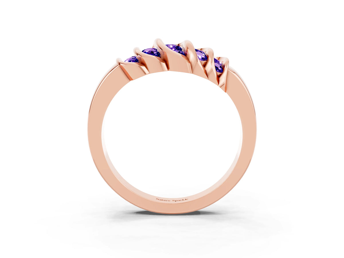 Round Tanzanite Multi-Row Crossover Band in Rose gold with Polished Curves