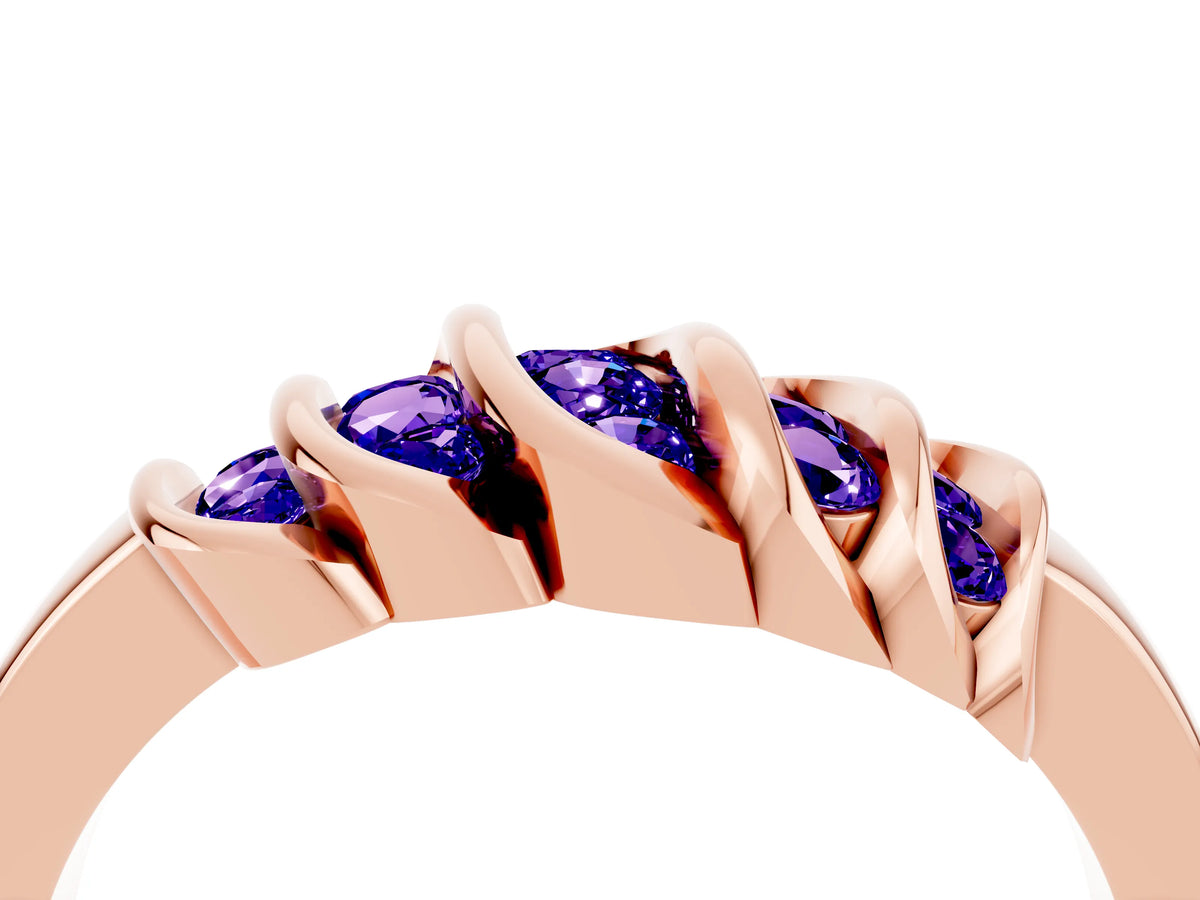Round Tanzanite Multi-Row Crossover Band in Rose gold with Polished Curves