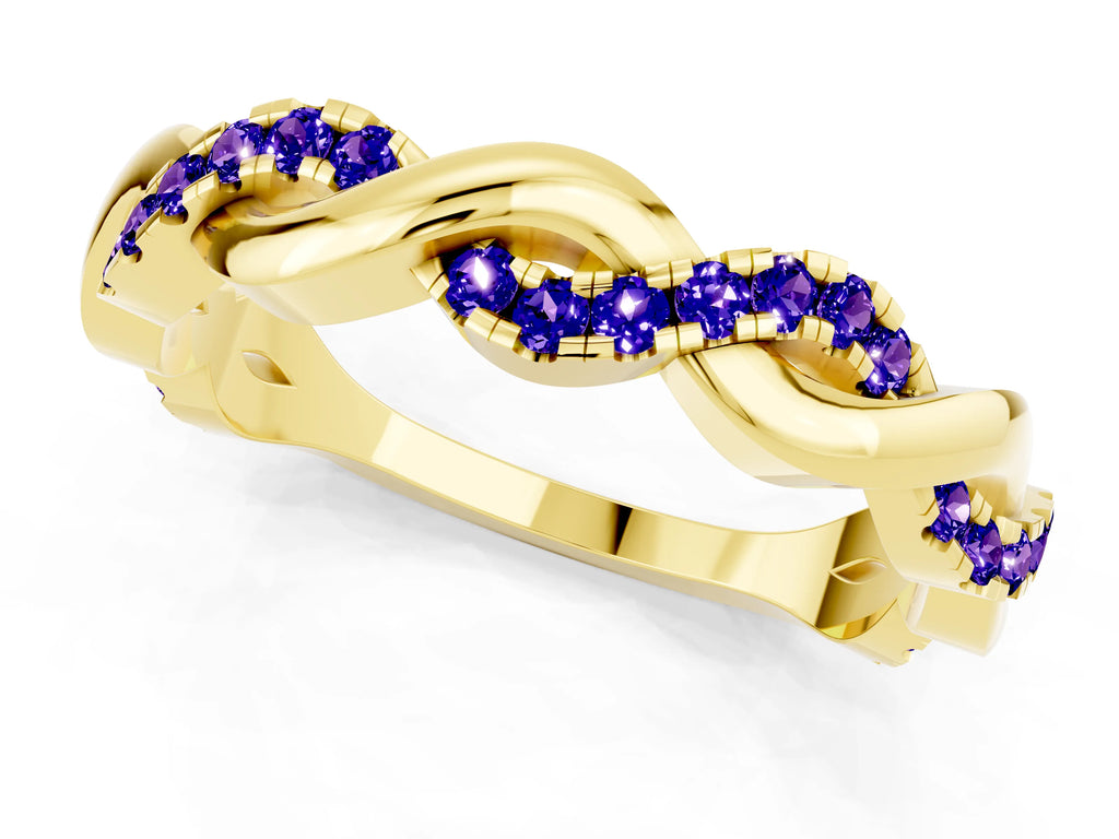 Round Tanzanite Pavé Twist Eternity Band in Yellow gold with Shared Prong Setting