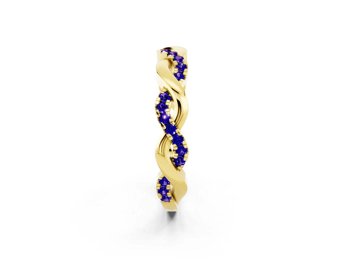 Round Tanzanite Pavé Twist Eternity Band in Yellow gold with Shared Prong Setting